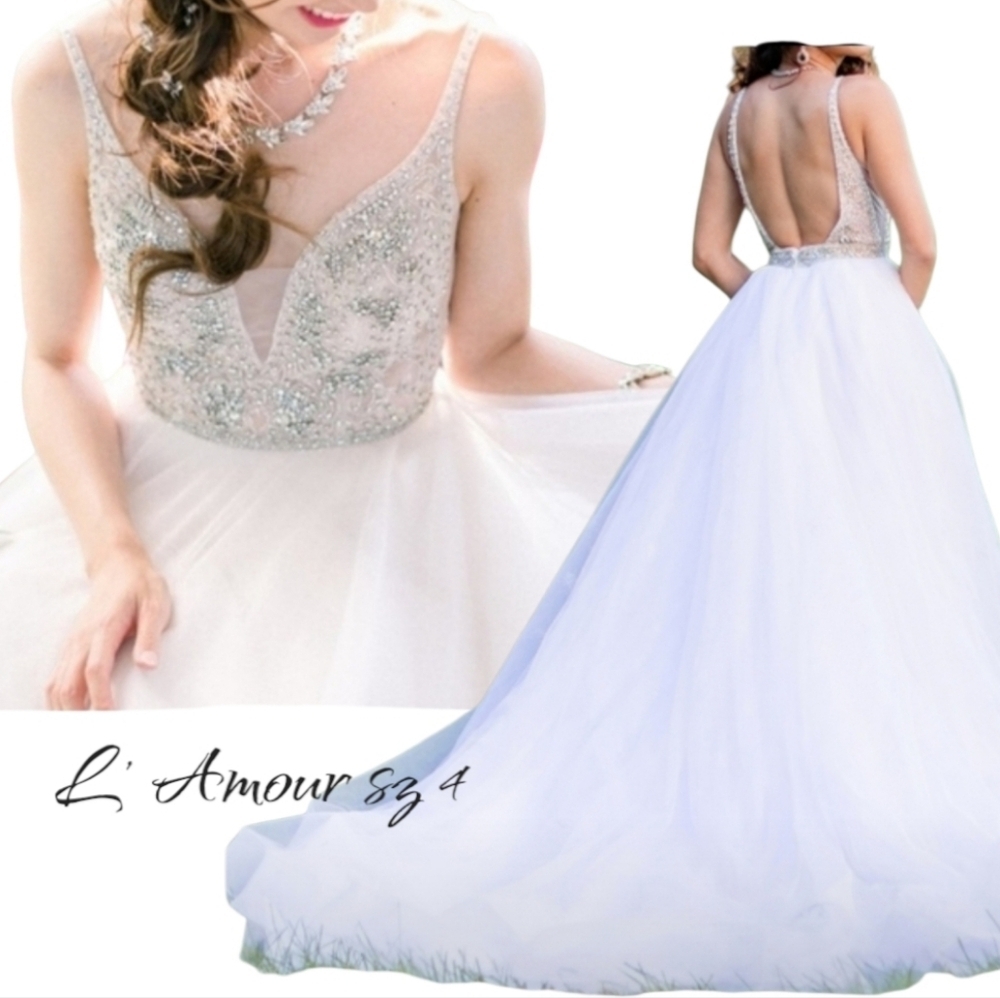 L'Amour by Calla Blanche Beaded A-Line Tulle Wedding Dress White Long Train Sz 2